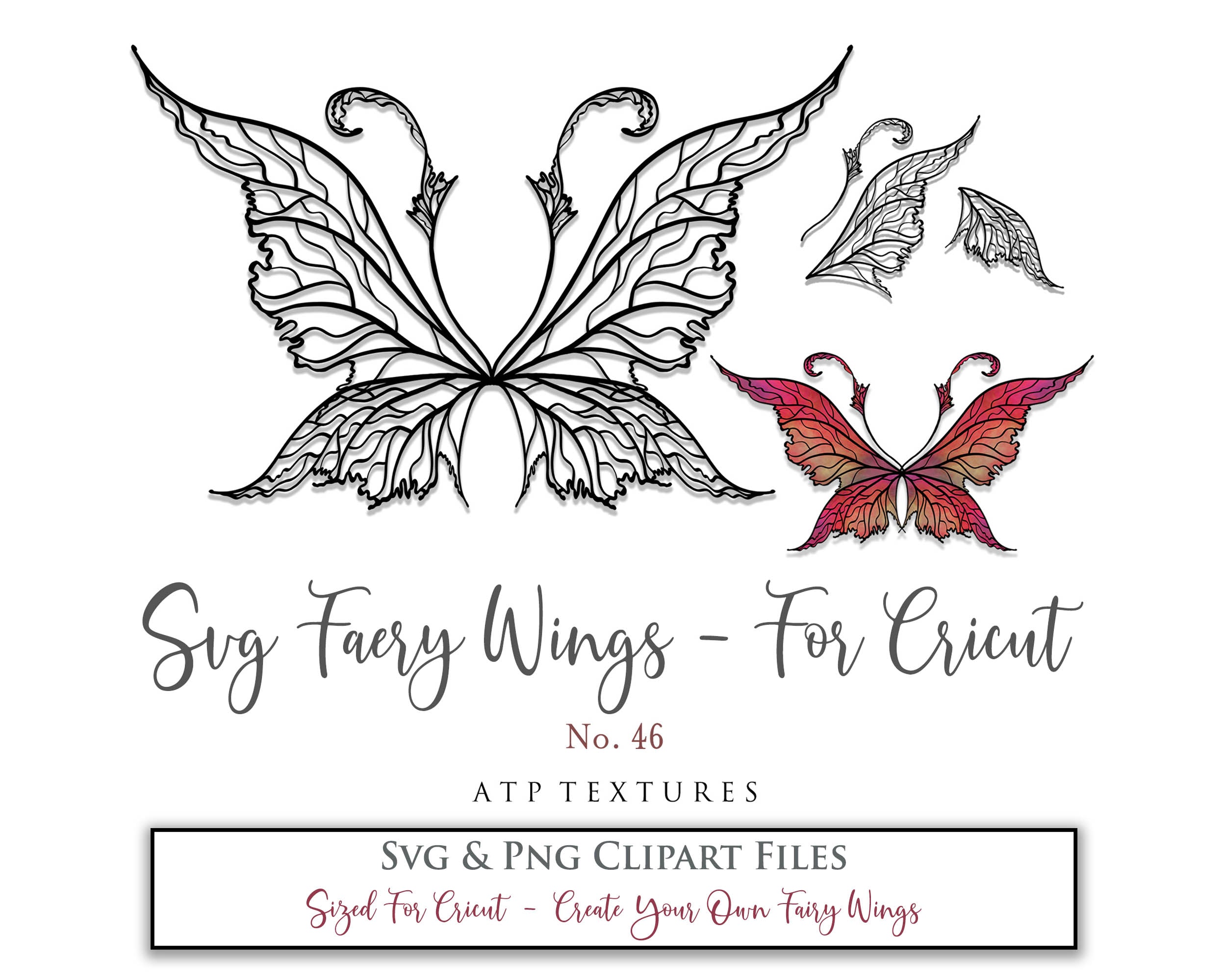 SVG & PNG Fairy/Angel Wing files for Cricut, Silhouette Cameo and other Cutting Machines. Create wearable fairy wings, all sizes. Perfect for Halloween Costumes, Fantasy, Cosplay, Photography. Prints, Wedding, Engagement, Baby Shower invitations, Sublimation Printing, Clip Art and more. Cut and assemble. ATP Textures.